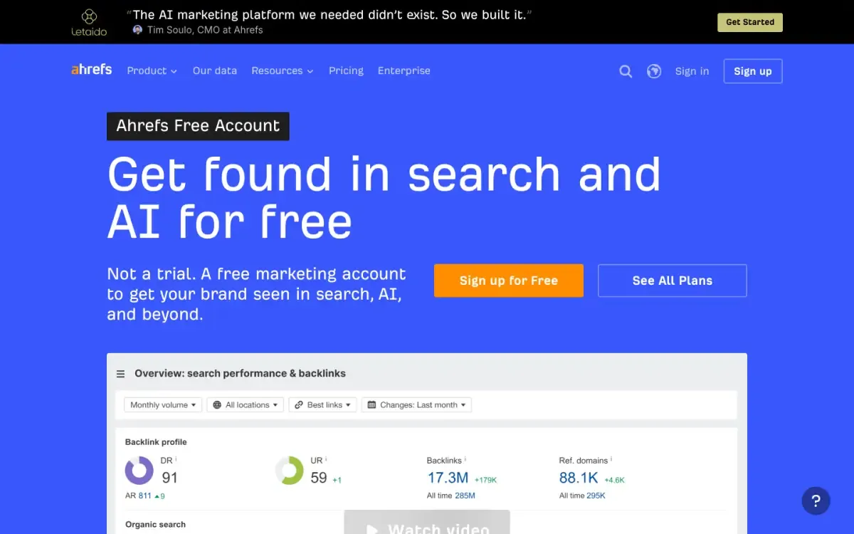 Ahrefs Free website, above the fold