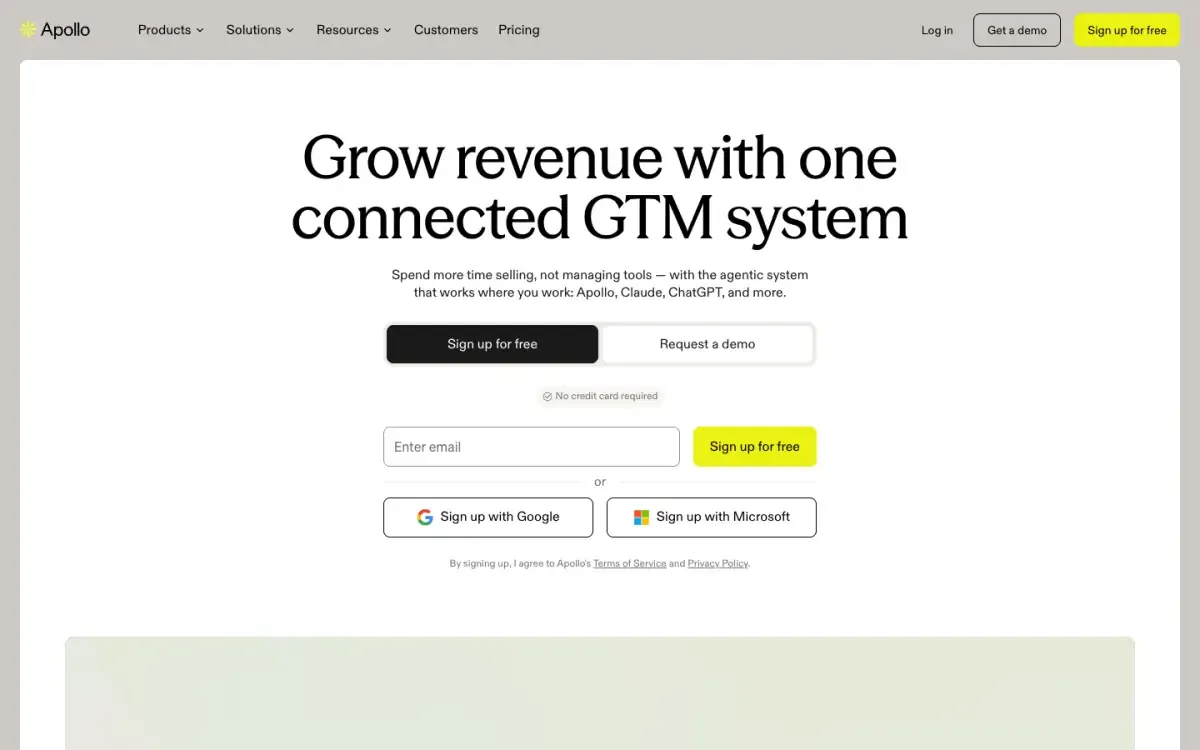 Apollo.io website, above the fold