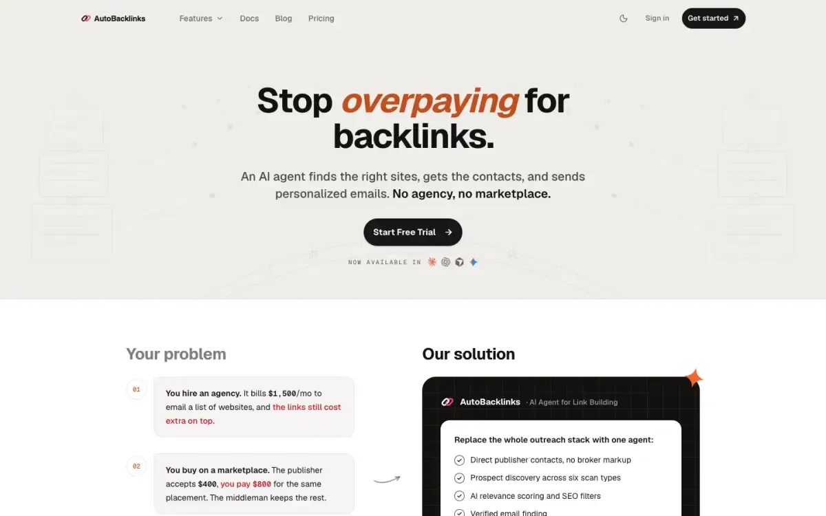 AutoBacklinks website, above the fold
