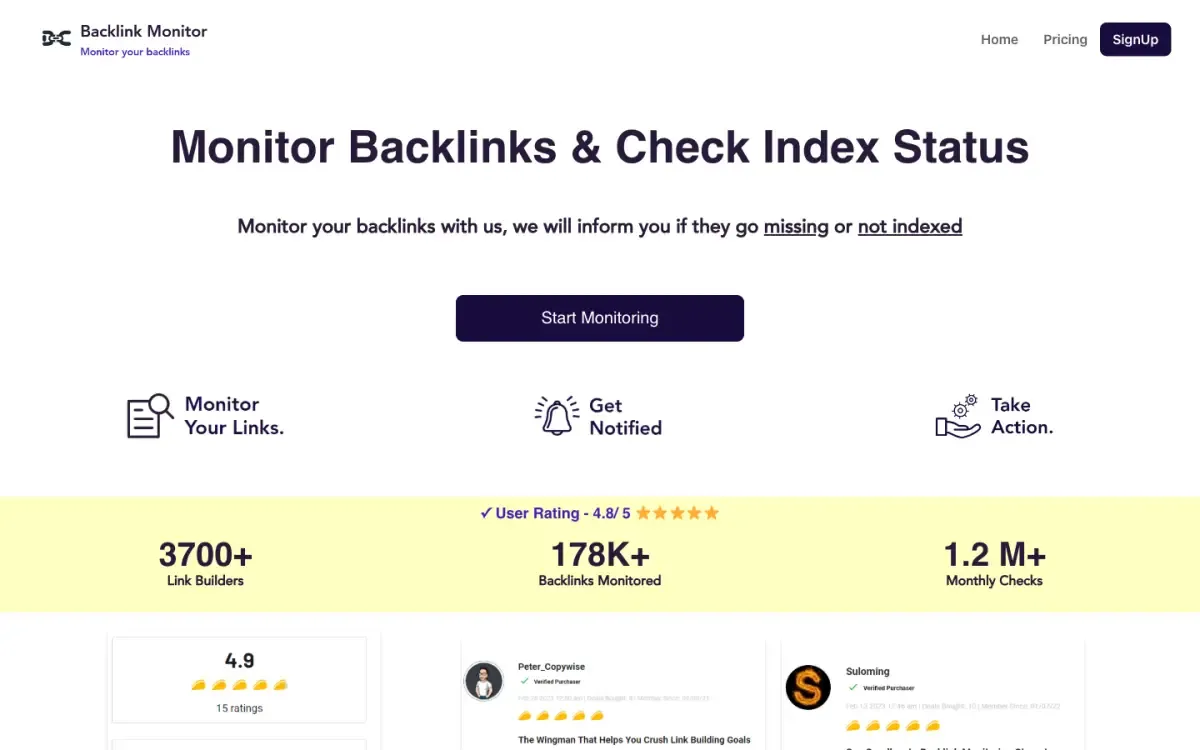 Backlink Monitor website, above the fold