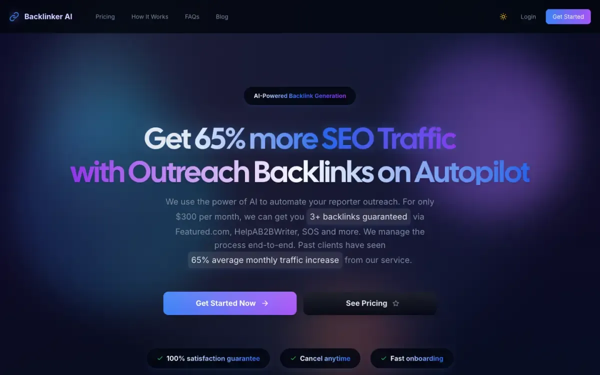 Backlinker AI website, above the fold