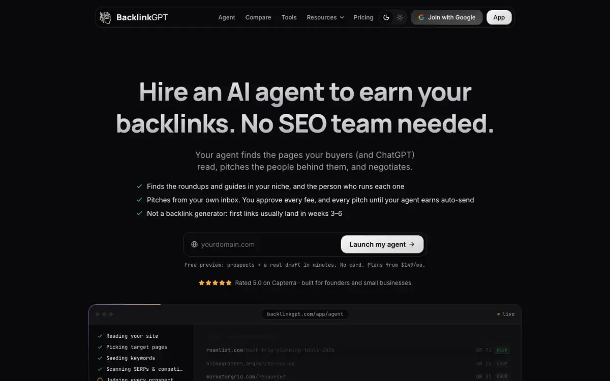 BacklinkGPT website, above the fold
