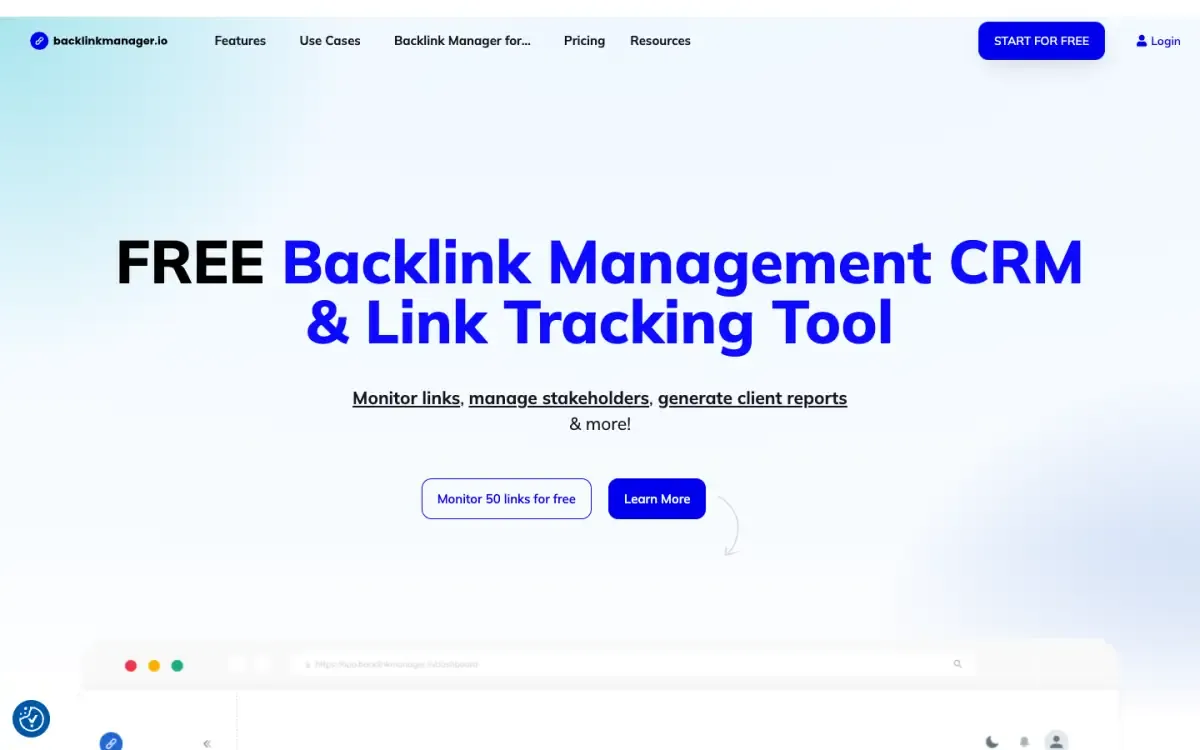 BacklinkManager.io website, above the fold