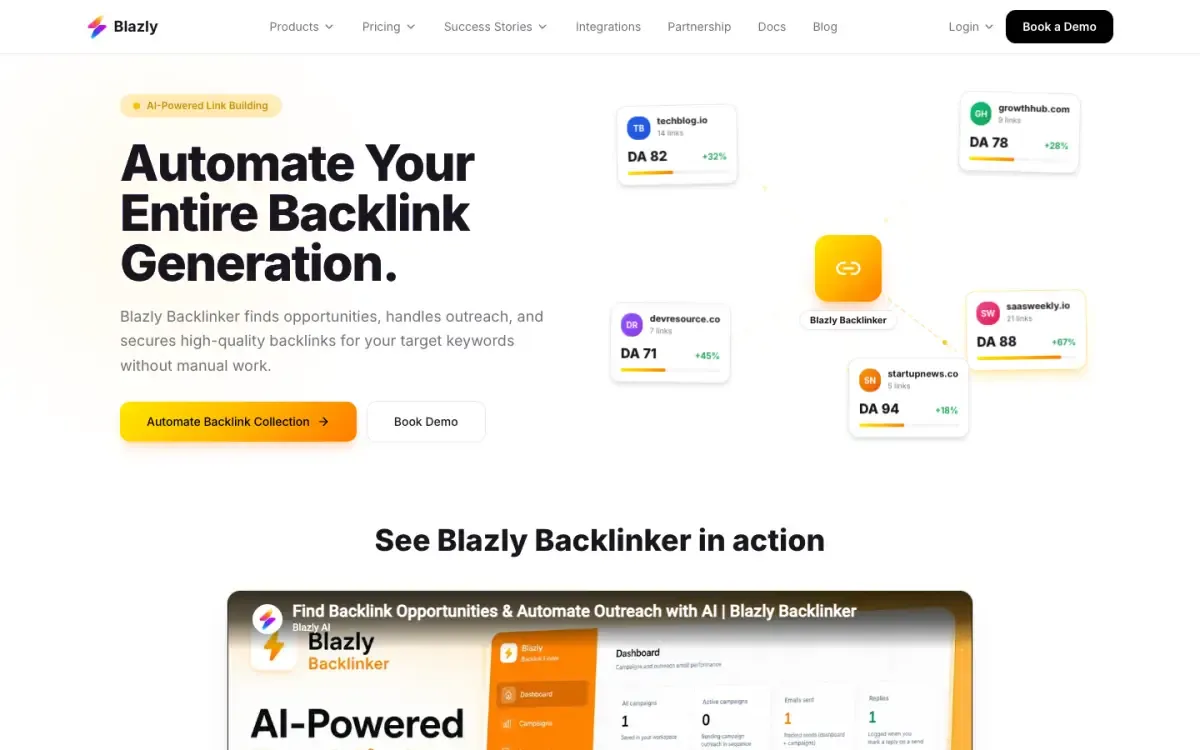 Blazly Backlinker website, above the fold