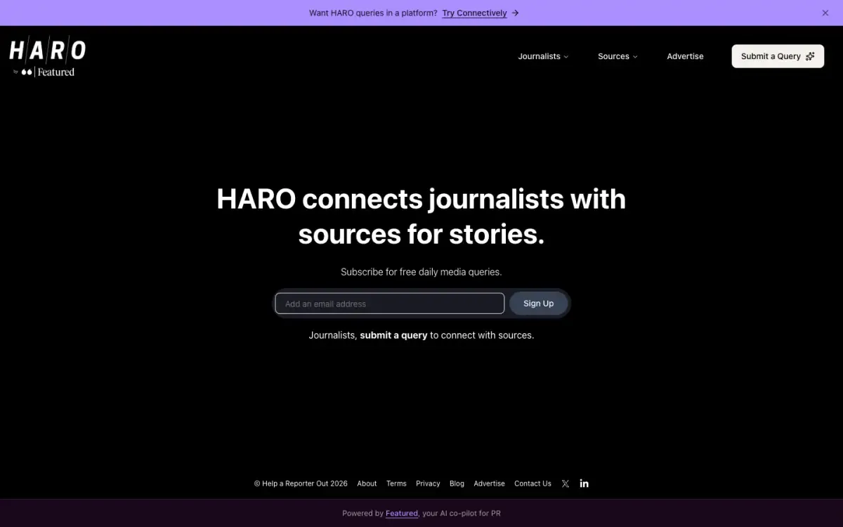 HARO website, above the fold