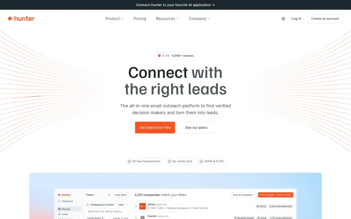 Hunter website, above the fold