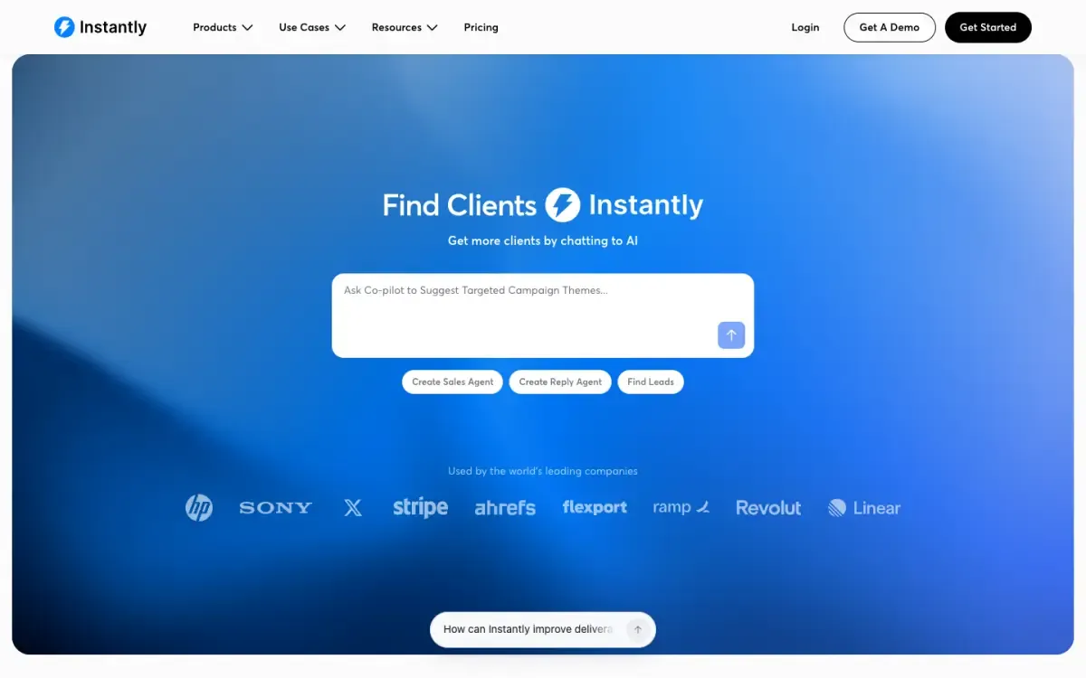 Instantly website, above the fold