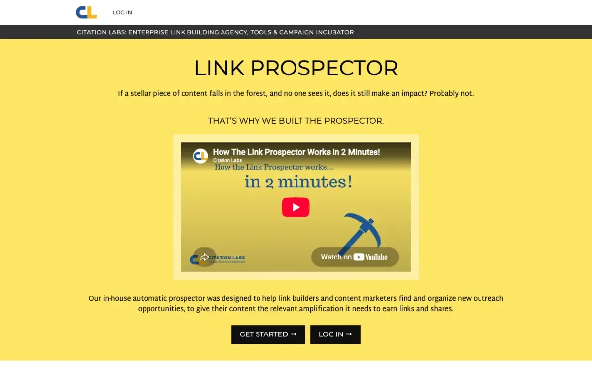 Citation Labs Link Prospector website, above the fold