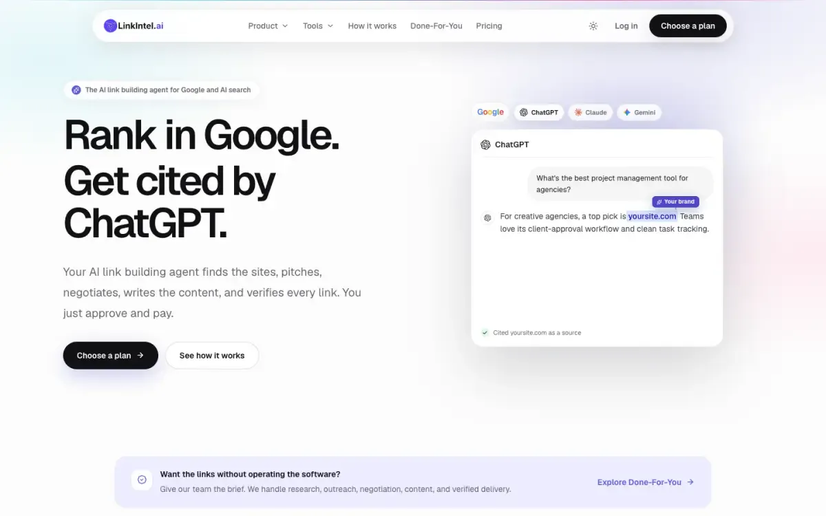LinkIntel website, above the fold