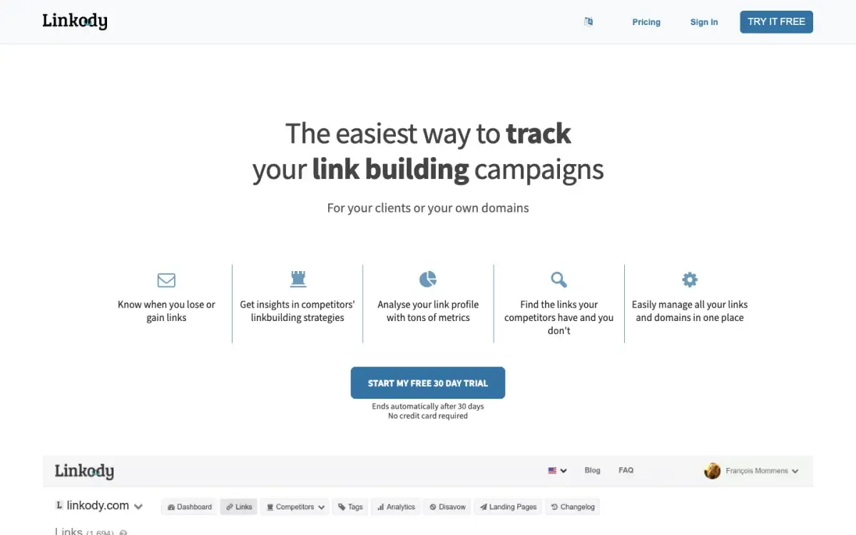 Linkody website, above the fold