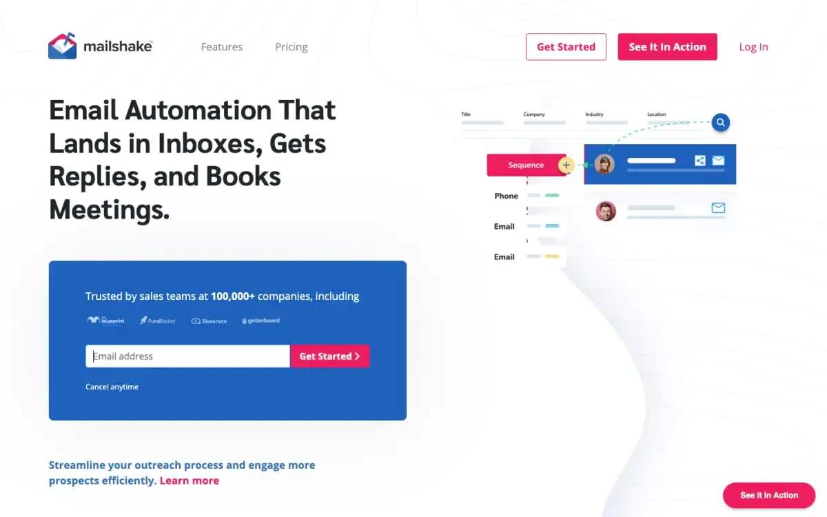 Mailshake website, above the fold