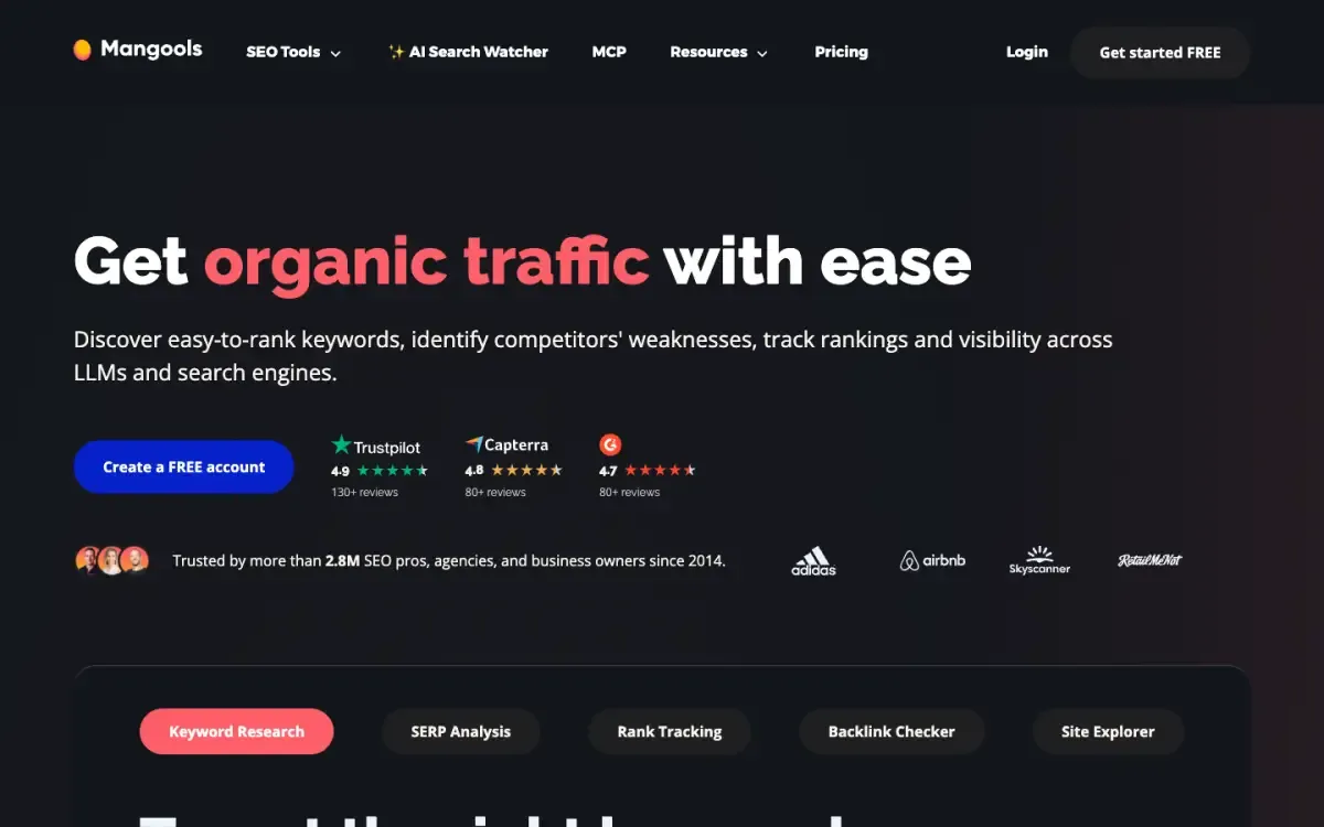 Mangools website, above the fold