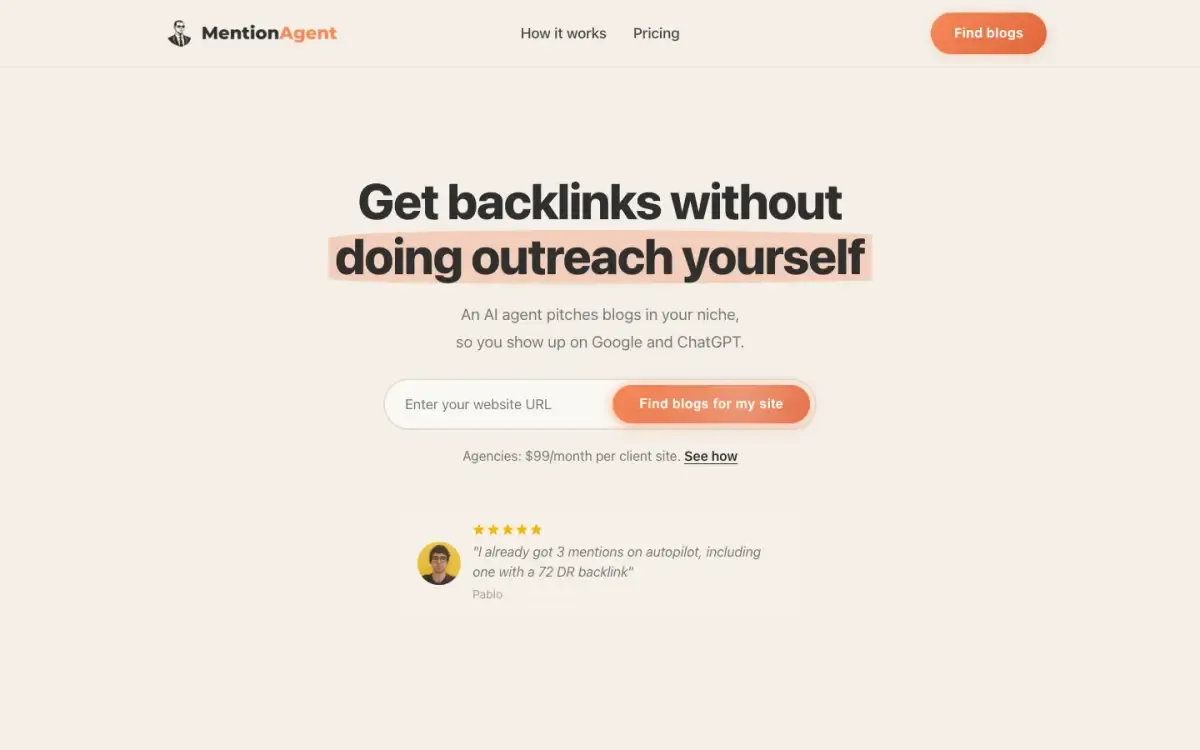 MentionAgent website, above the fold
