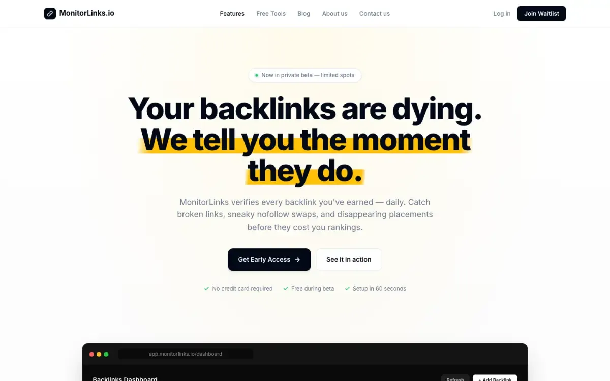 monitorlinks.io website, above the fold