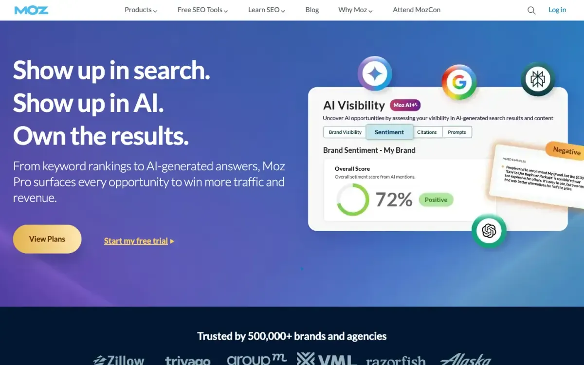 Moz Pro website, above the fold