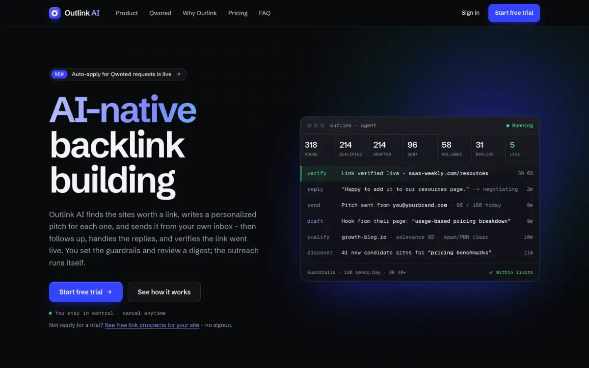 Outlink AI website, above the fold