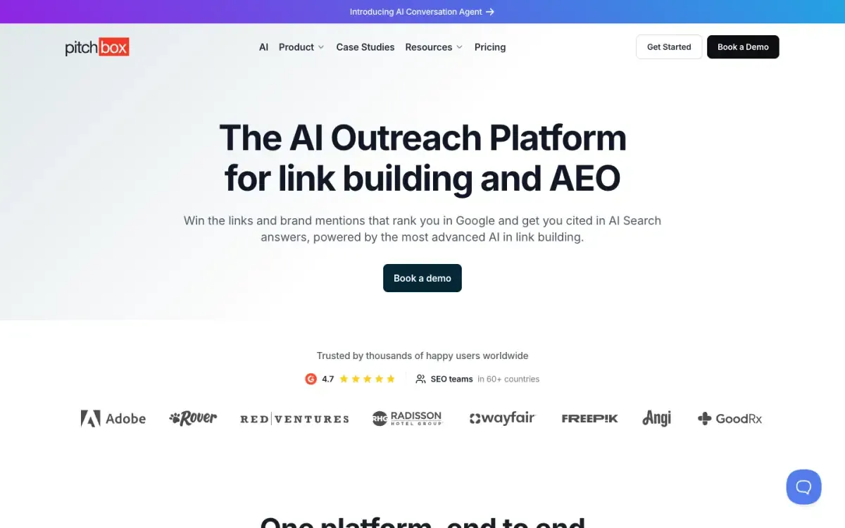 Pitchbox website, above the fold