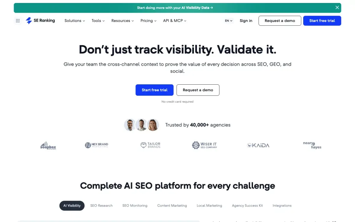 SE Ranking website, above the fold