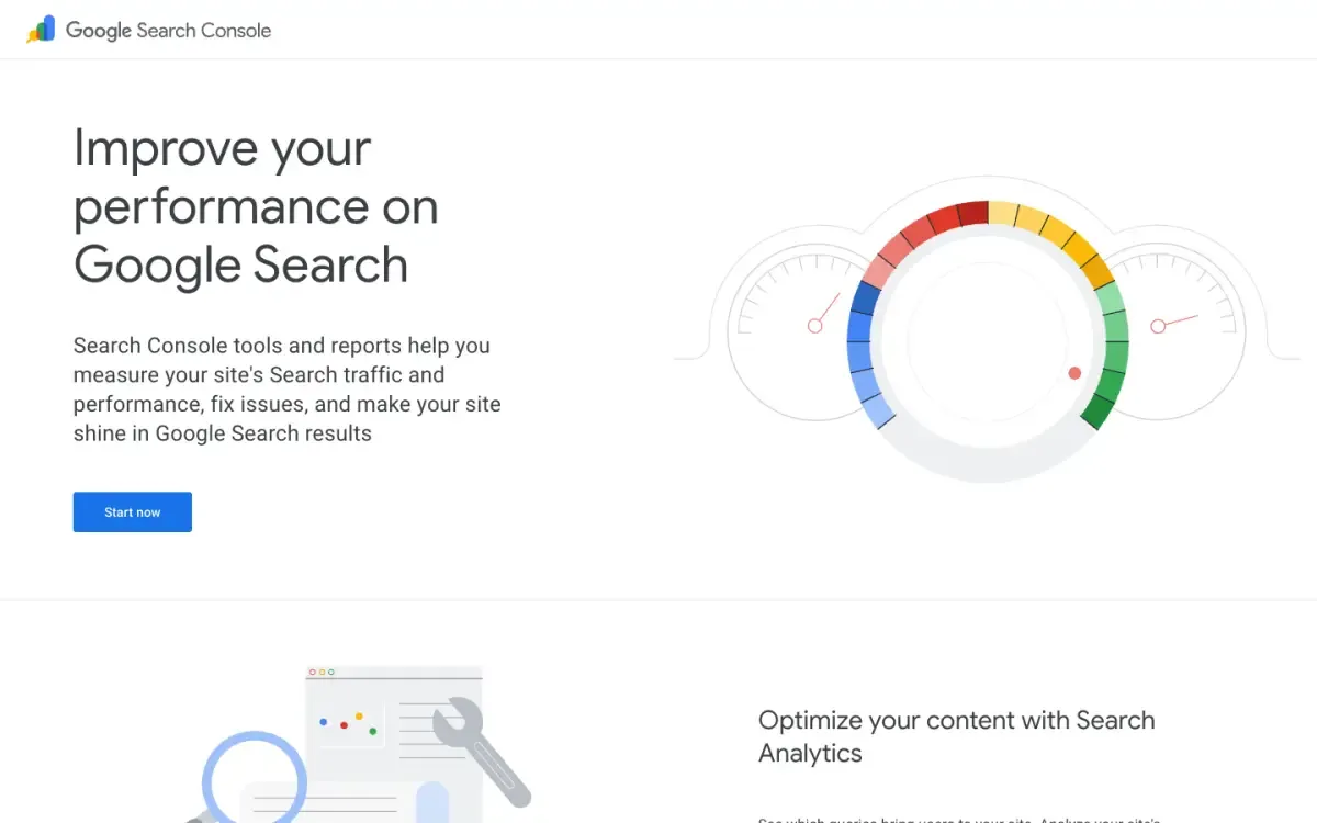 Google Search Console website, above the fold