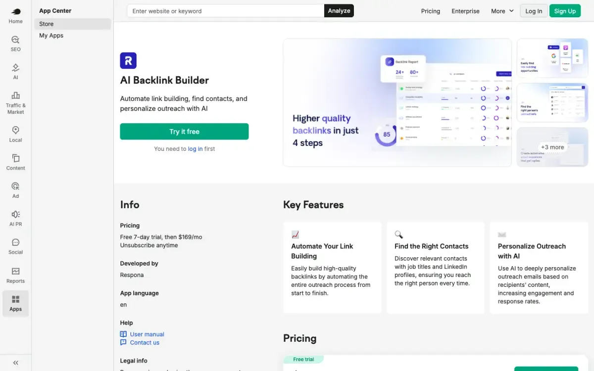 AI Backlink Builder (Semrush app) website, above the fold