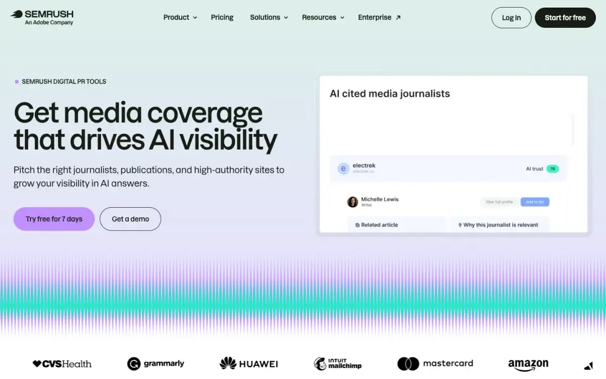 Semrush AI PR Toolkit website, above the fold