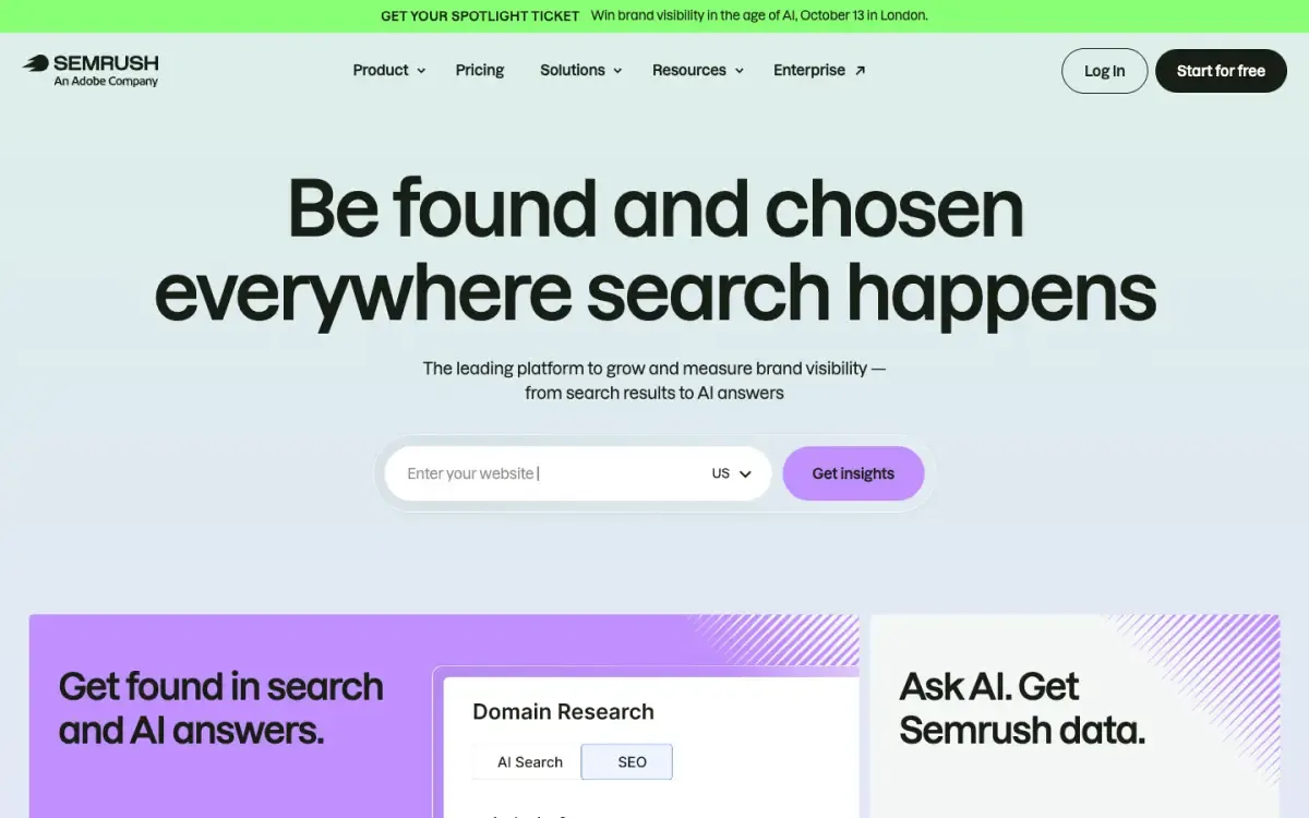 Semrush website, above the fold