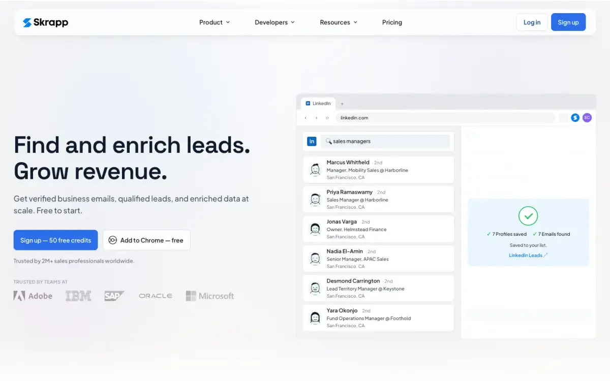 Skrapp website, above the fold