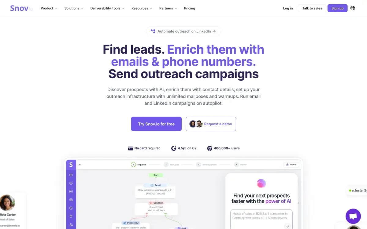 Snov.io website, above the fold