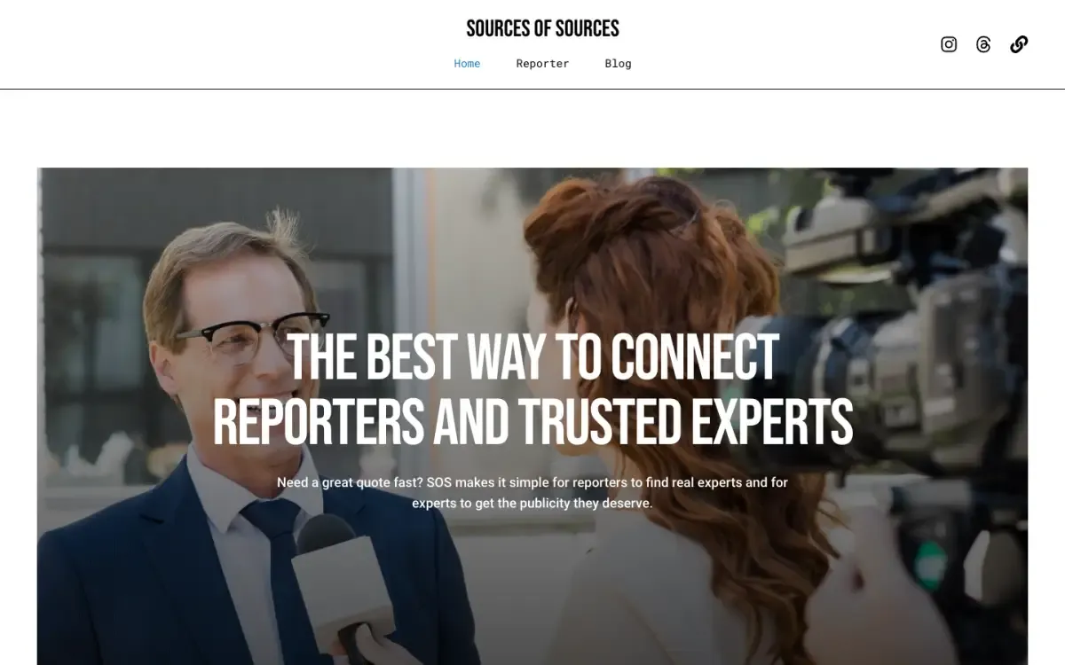 Source of Sources website, above the fold