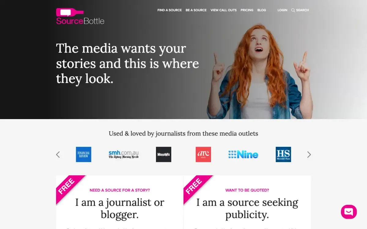 SourceBottle website, above the fold