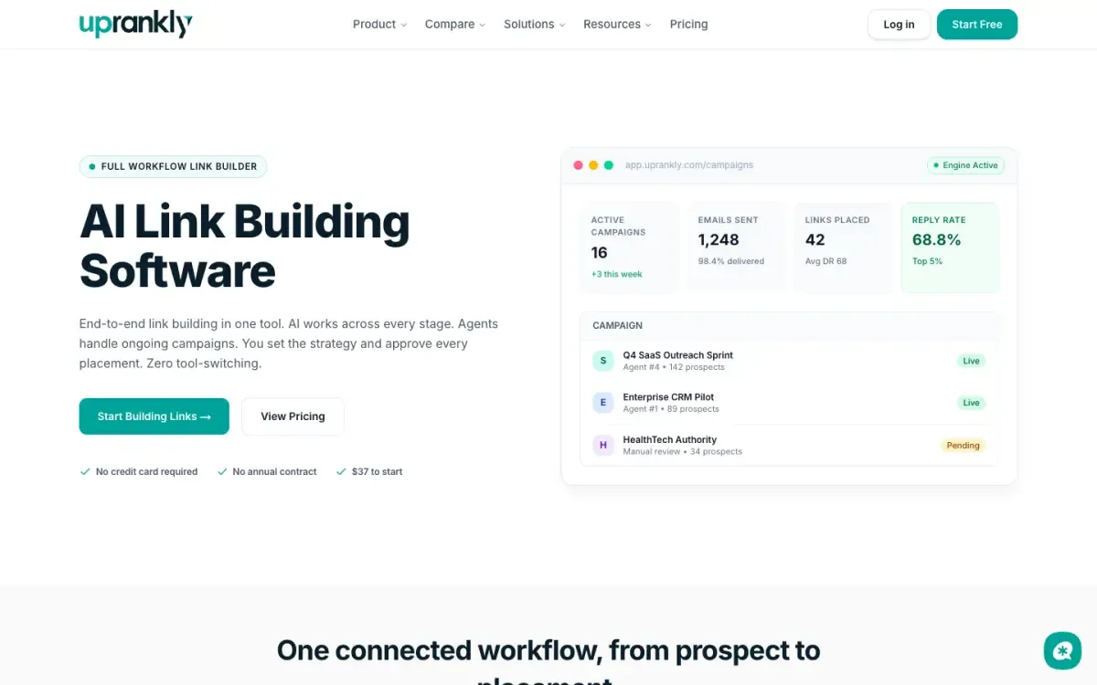 Uprankly Link Builder website, above the fold